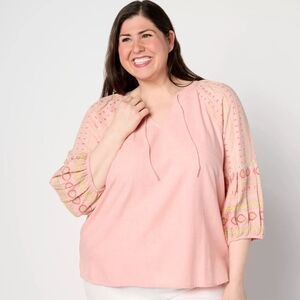 Denim & Co. Cayon Retreat Split Neck Top W/embroidered Sleeve Size Small